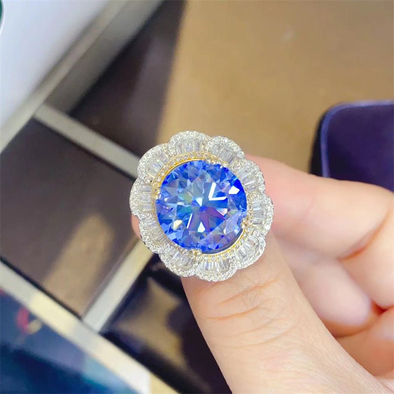 Blue Moissanite Halo Ring for Women, 5 Carat Floral Cluster Engagement Ring – view 1