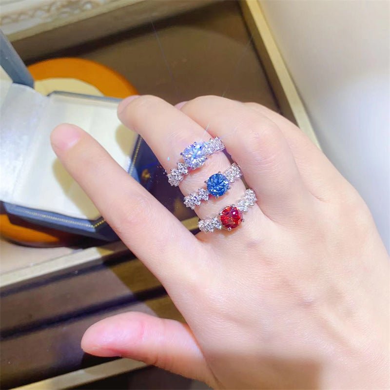 1 Carat Moissanite Ring for Women, Round Center Stone U-Shape Ring in White, Blue or Red – view 1