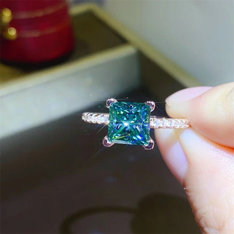 Princess Cut Green Moissanite Ring for Women, Rose Tone or White Tone Geometric Engagement Ring – view 1