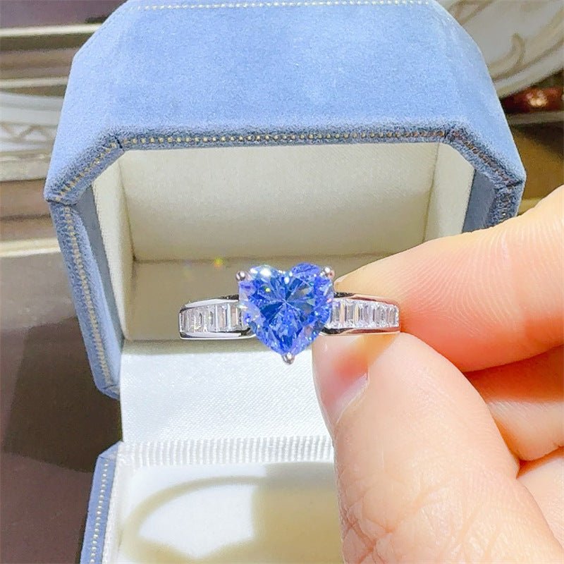 Blue Heart Moissanite Ring for Women, 2 Carat VVS1 Heart Cut Engagement Promise Ring with Baguette Side Stones – view 1