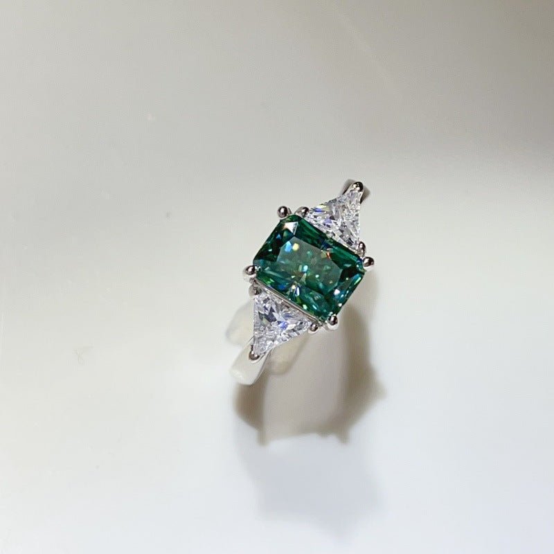 Green Moissanite Geometric Ring with Triangle Side Stones for Women – view 1