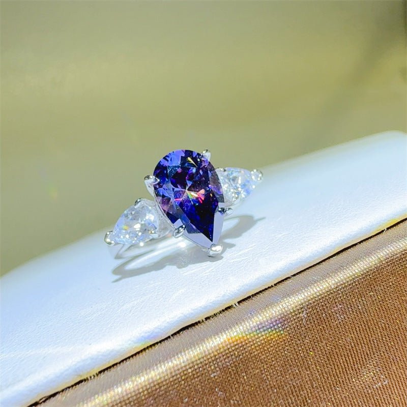 Purple Pear Cut Moissanite Ring for Women, Three Stone Engagement Style Ring – view 1