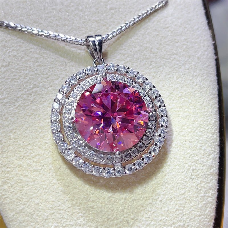 Pink Round Halo Moissanite Pendant Necklace with Double Circle Pavé Design – view 1