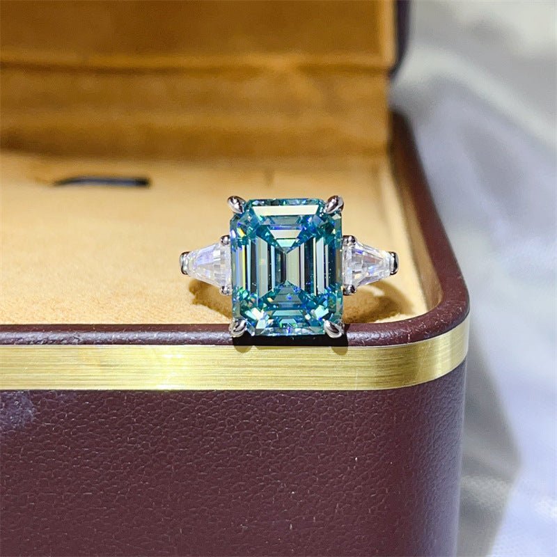 Blue Emerald Cut Moissanite Ring for Women, Geometric Three Stone Engagement Style Ring – view 1
