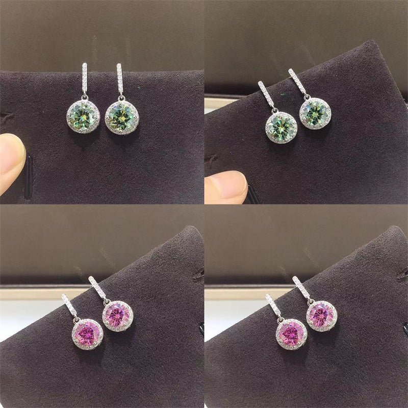 Moissanite Drop Earrings with Round Halo Accent, Green or Pink Stone Dangle Stud Earrings for Women – view 1