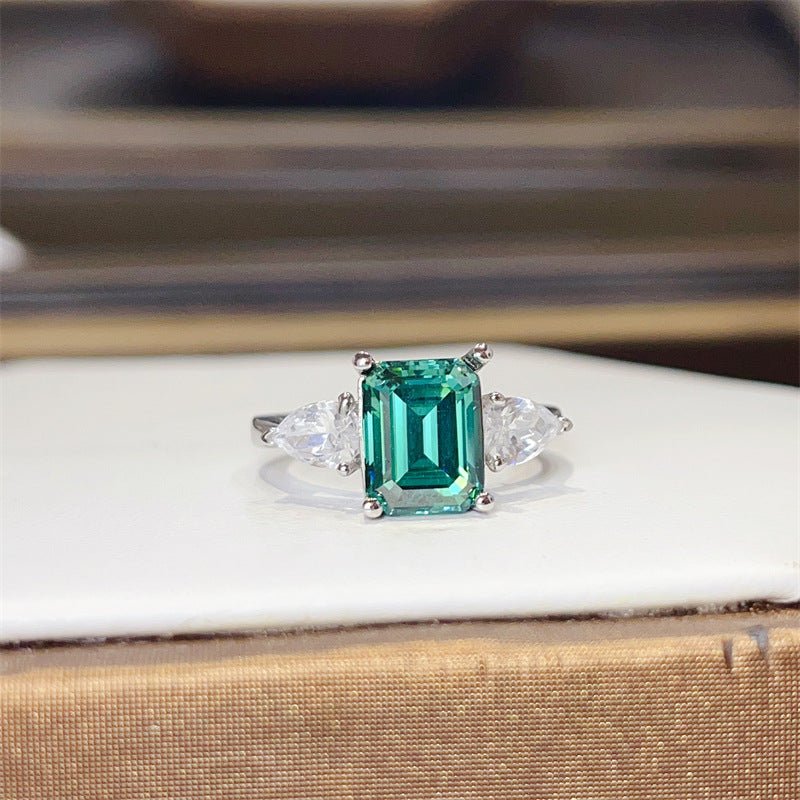 Green Moissanite Three Stone Ring for Women, Emerald Cut Promise Engagement Ring – view 1