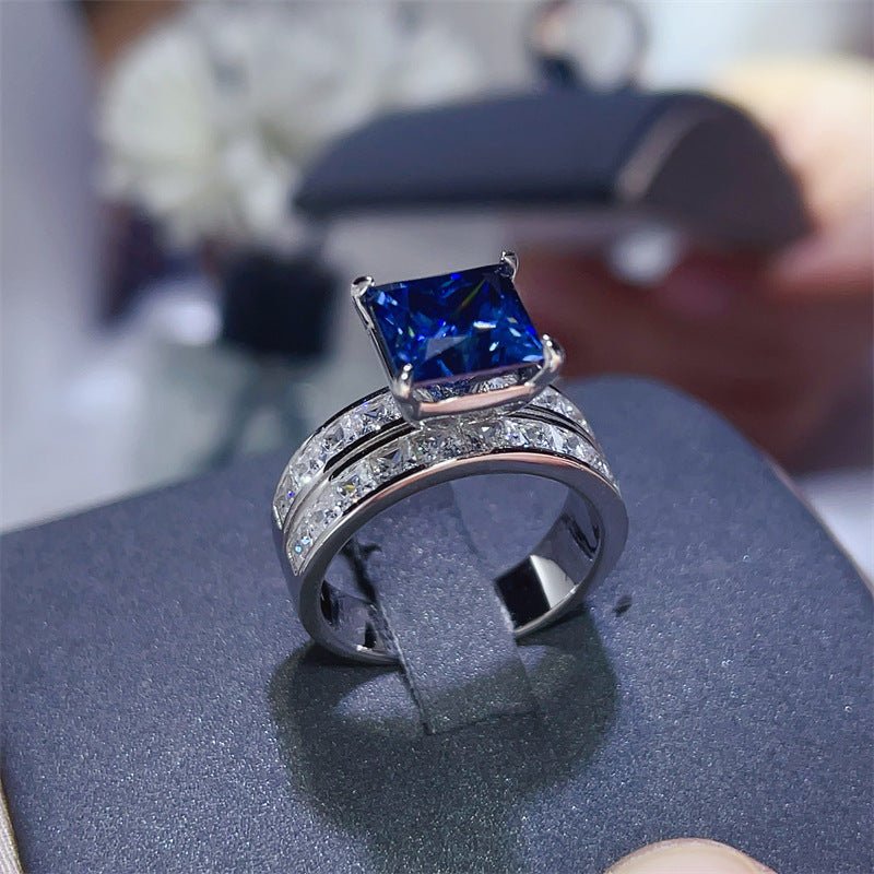 Blue 3 Carat Princess Cut Moissanite Ring Wide Band Pavé Style Ring – view 1