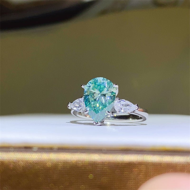 Green Pear Cut Moissanite Ring for Women with Side Stones, Geometric Dress Ring – view 1