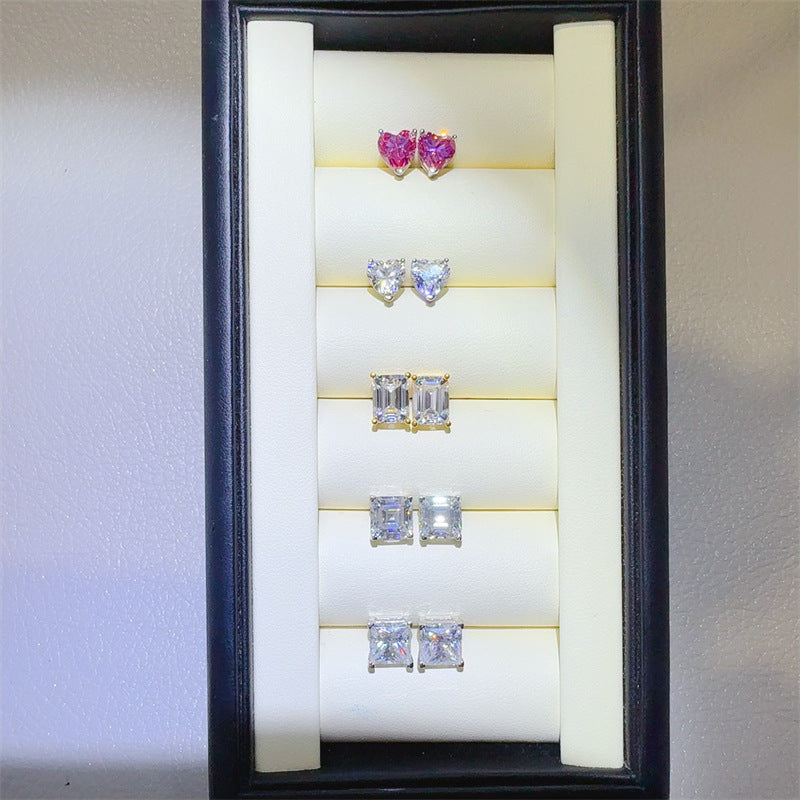 Moissanite Stud Earrings for Women, Heart, Emerald Cut, Princess Cut & Asscher Style Earrings – view 1