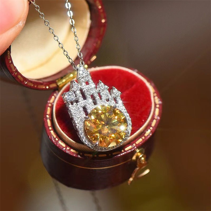 Yellow Round Stone Castle Pendant Necklace, Pavé Clavicle Chain Jewelry – view 1