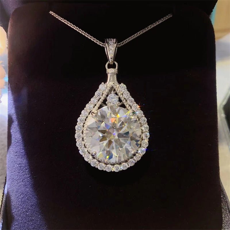 Teardrop Halo Moissanite Pendant Necklace for Women, Round Cut Statement Collarbone Chain, White or Green Stone Options – view 1