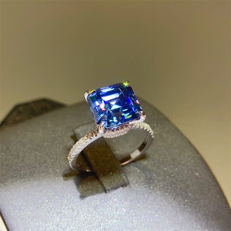 Blue Asscher Cut Moissanite Ring for Women, 5 Carat Square Halo Engagement Ring, Pavé Band Promise Ring – view 1