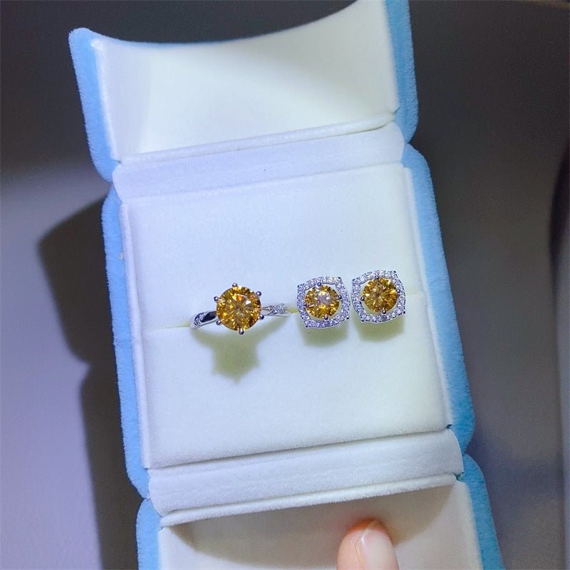 Yellow Moissanite Ring and Stud Earrings Set, Six-Prong Ring with Halo Stud Earrings for Women – view 1