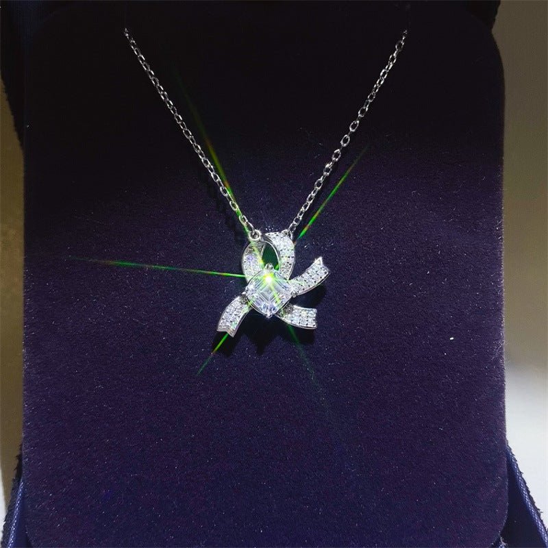 1 Carat Moissanite Bow Pendant Necklace for Women, Pavé Accent Clavicle Chain Gift Necklace – view 1