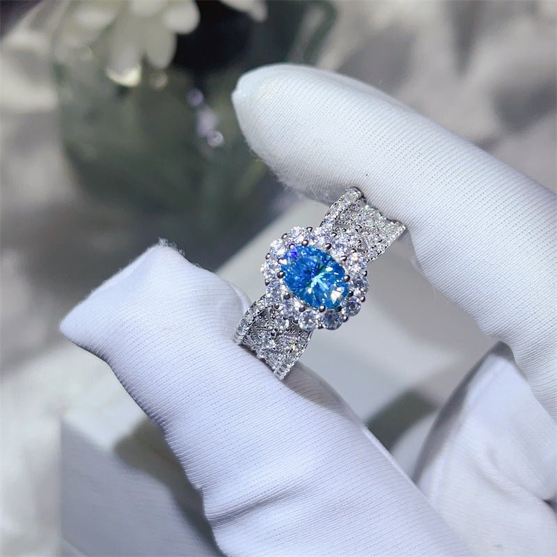 Blue Oval Moissanite Halo Ring for Women, Geometric Pave Statement Ring – view 1
