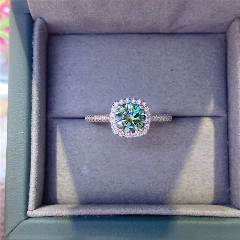 Green Moissanite Halo Ring for Women, Cushion Cut Solitaire Engagement Ring, Promise Ring, Available in 0.5 to 5 Carat Looks – view 1