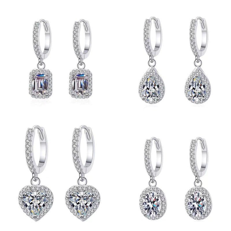 Moissanite Halo Drop Hoop Earrings for Women, Emerald Cut Pear Heart Oval Dangle Earrings – view 1