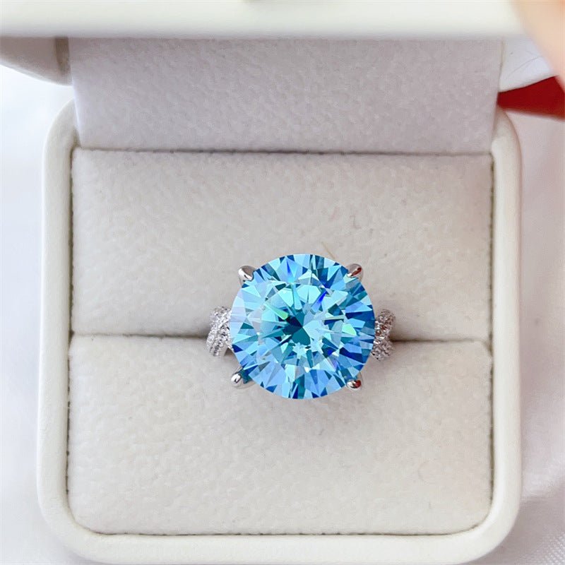Blue Moissanite Ring for Women, 10 Carat Round Four-Prong Statement Engagement Ring with Pavé-Style Band – view 1