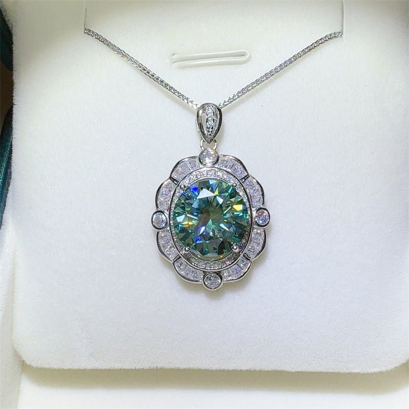Green Moissanite Pendant Necklace with Halo Chain, Oval Floral Drop Necklace for Women – view 1