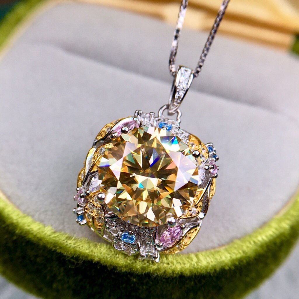 5 Carat Round Moissanite Pendant Necklace, 11mm Multicolor Chinese Style Geometric Charm – view 1