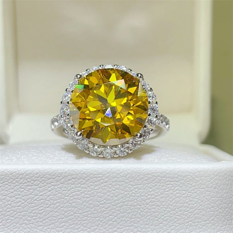 Yellow Moissanite Halo Ring for Women, 10 Carat Round Statement Engagement Ring, Pavé Band Promise Ring – view 1