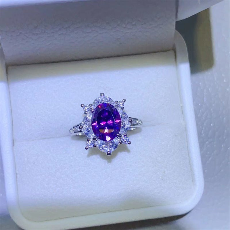 Purple Oval Moissanite Ring for Women, 2 Carat Halo Engagement Ring, U-Shaped Statement Ring – view 1