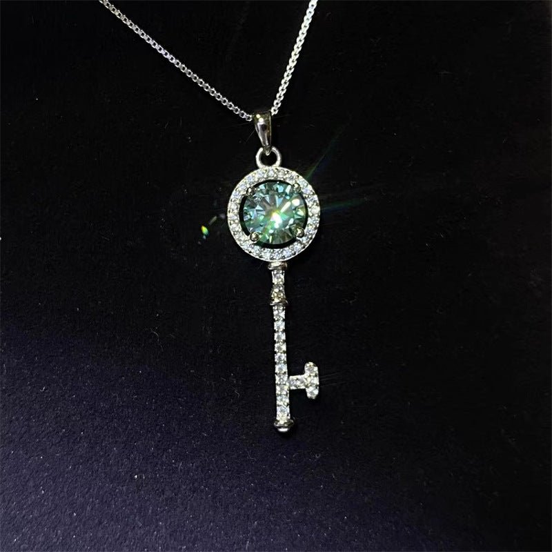 Green Moissanite Key Pendant Necklace, Halo Charm Necklace with Chain – view 1