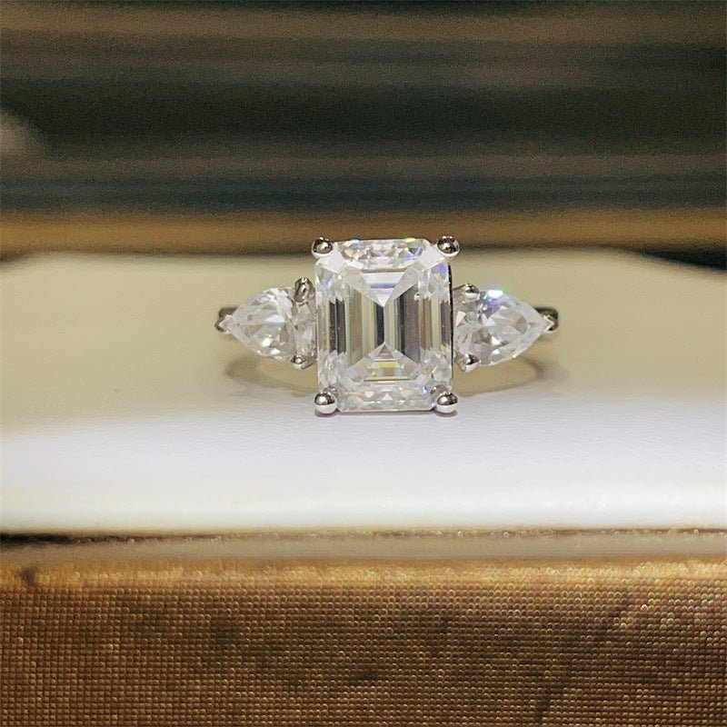 Emerald Cut Three-Stone Moissanite Ring for Women, White Moissanite Engagement Ring, Promise Ring, 1 Carat 2 Carat 3 Carat – view 1
