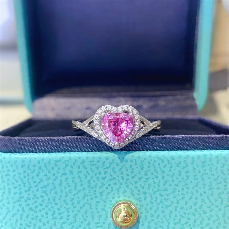 Pink Heart Moissanite Halo Ring, Twisted Band Promise Engagement Ring – view 1