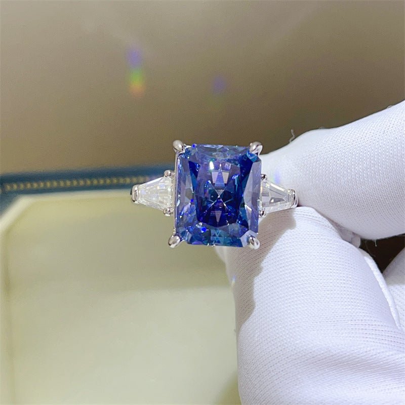 5 Carat Blue Moissanite Ring for Women, Radiant Cut Solitaire Engagement Ring with Tapered Side Stones – view 1