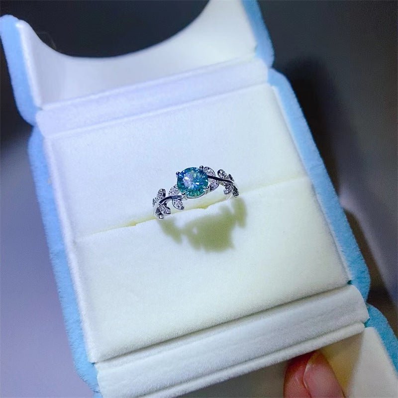 Moissanite Ring for Women, Round Blue Green Stone Vine Leaf U-Shape Ring – view 1