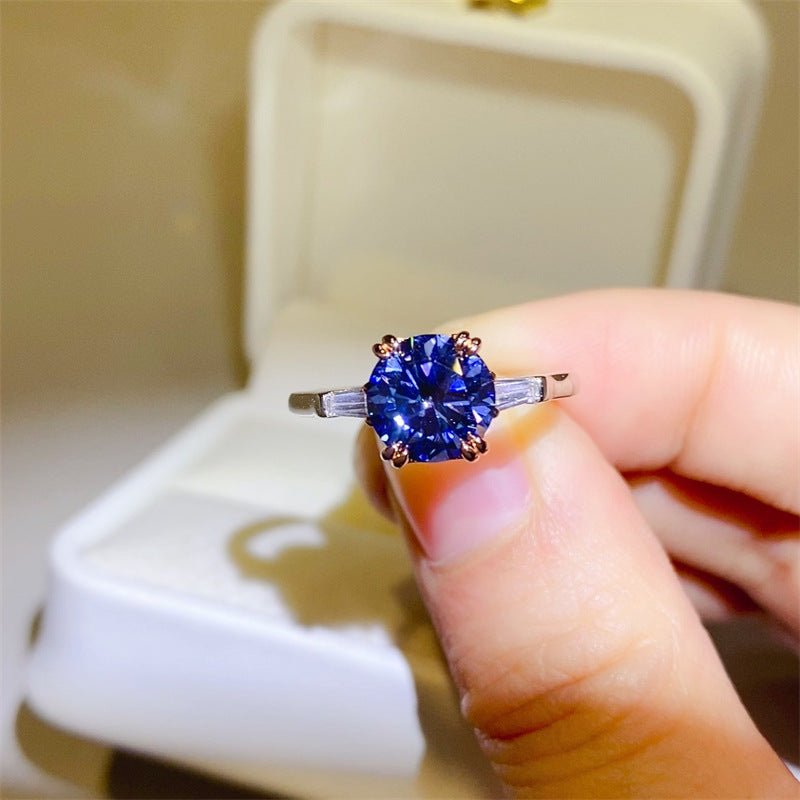 2 Carat Blue Moissanite Ring for Women, Round Three Stone Engagement Ring with Tapered Side Stones – view 1