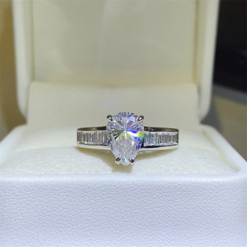 Pear Cut Moissanite Ring with Baguette Band, 18K Gold D Color Style Ring for Women – view 1
