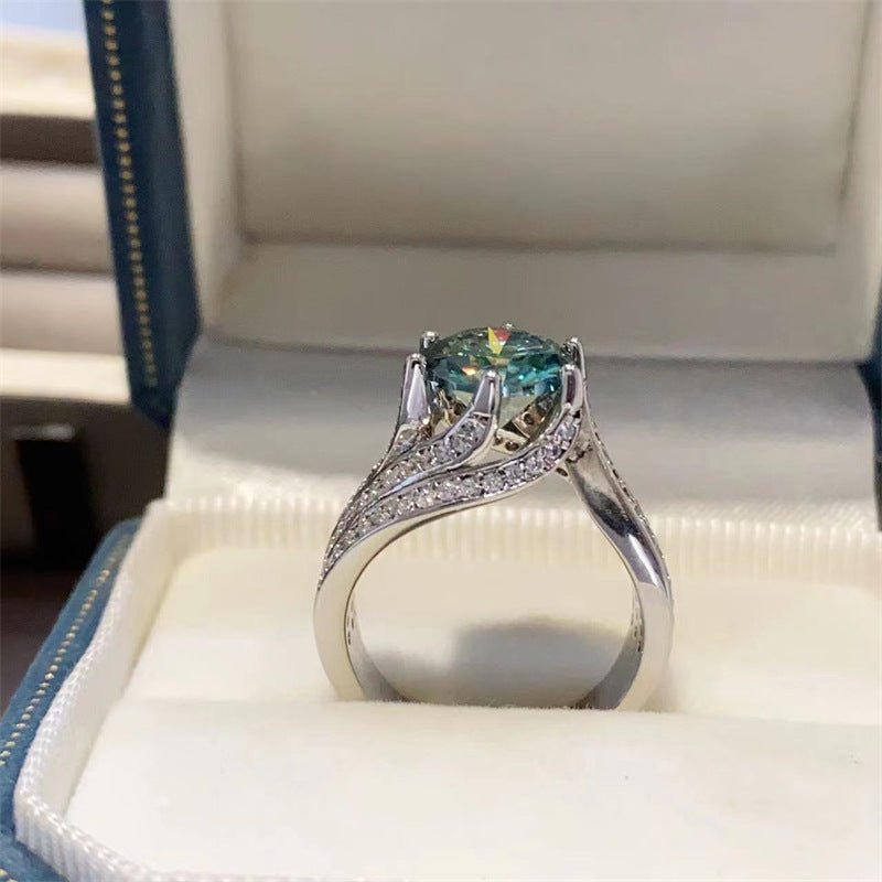 Green Moissanite Ring for Women, 3 Carat or 5 Carat Engagement Ring, Round Solitaire Style U-Shaped Geometric Band – view 1