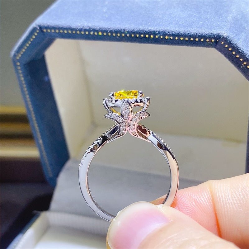 Yellow Moissanite Flower Ring for Women, 1 Carat or 2 Carat Engagement Ring, Floral Promise Ring in White Tone – view 1