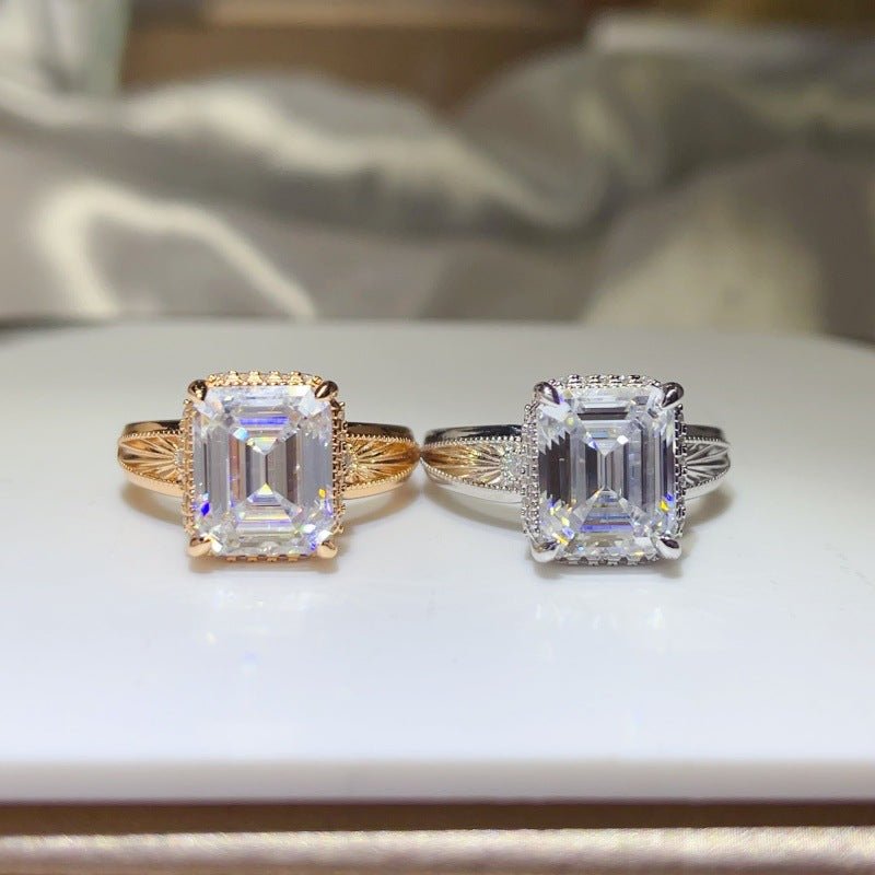 Emerald Cut Moissanite Ring with Triple Halo Band, Rectangular Statement Engagement Ring – view 1