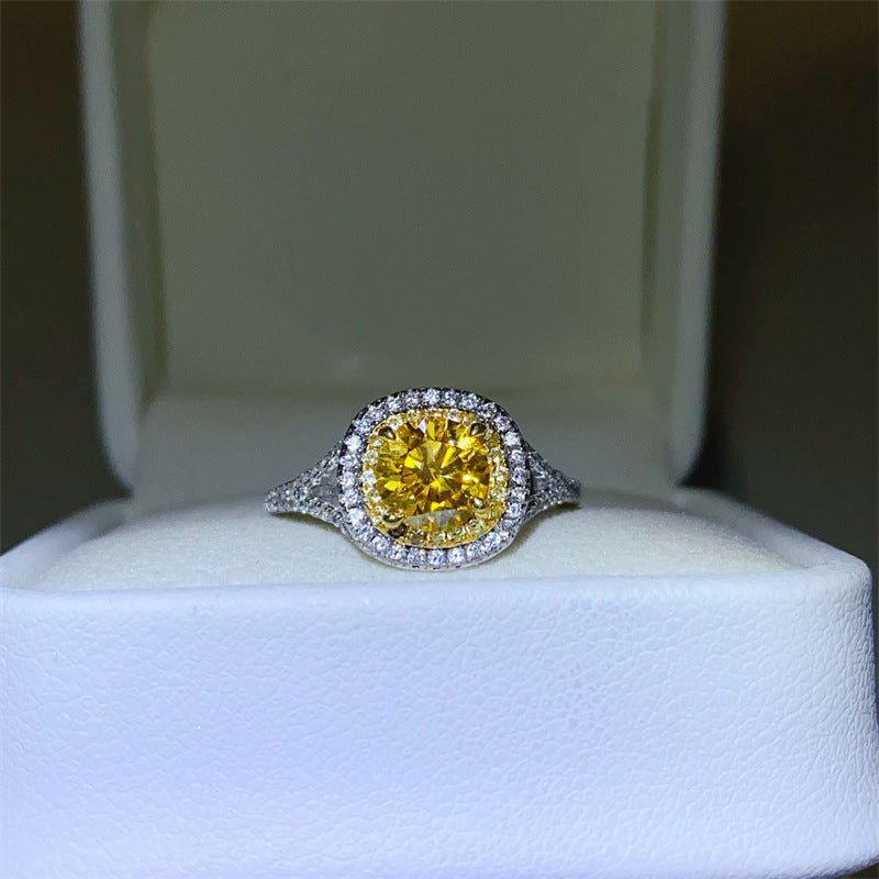 Yellow Moissanite Halo Ring for Women, Cushion Cut Engagement Ring Style, Geometric U-Shape Band – view 1