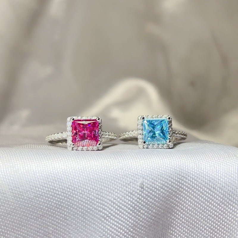 Princess Cut Halo Moissanite Ring for Women, Pink or Blue Engagement Ring, S925 Polished Statement Ring – view 1
