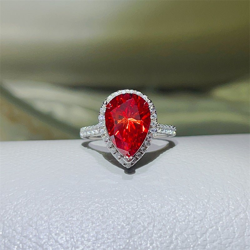 Red Pear Cut Moissanite Halo Ring for Women, Geometric Pavé Style, US Sizes 4-9 – view 1