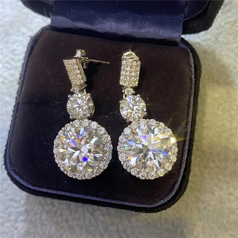 Moissanite Round Halo Drop Earrings, Silver-Tone Dangle Studs with Pavé Top – view 1
