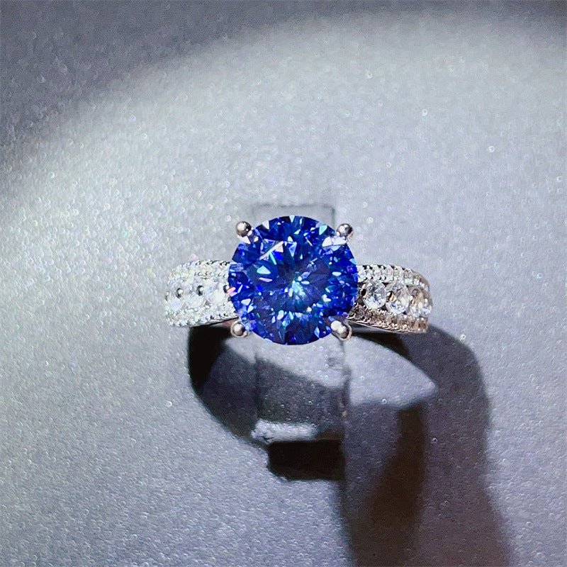 Blue Moissanite Ring for Women, Round Halo-Style Engagement Ring, 2 Carat or 3 Carat Pavé Band – view 1