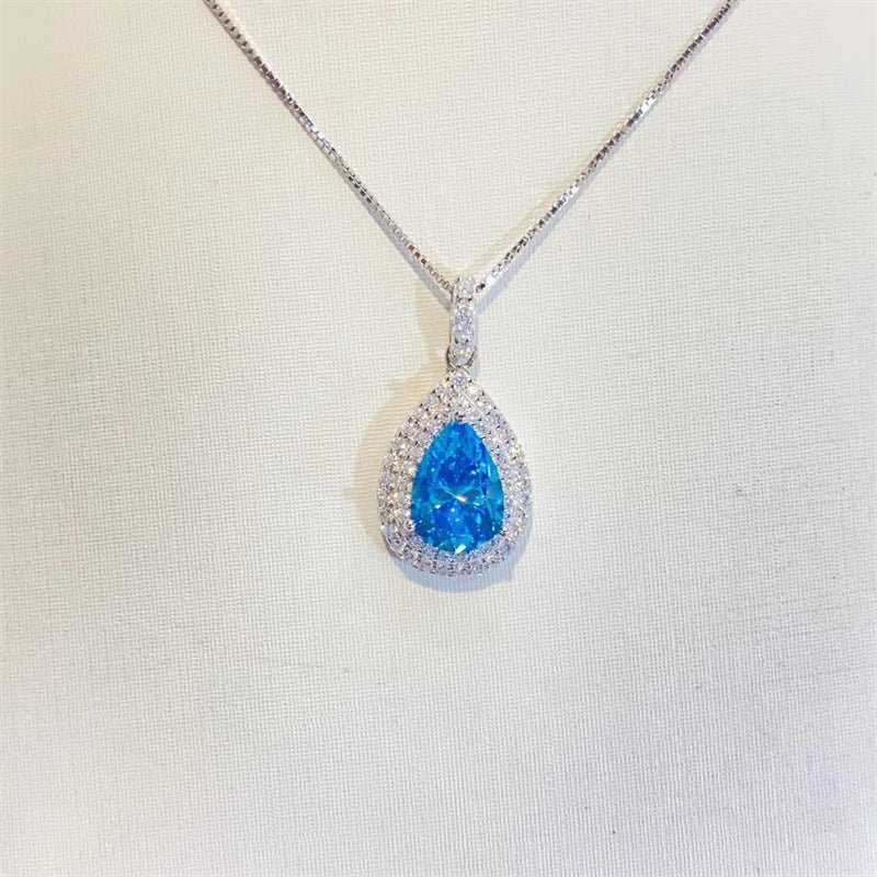 Blue Teardrop Moissanite Pendant Necklace Halo Clavicle Chain – view 1