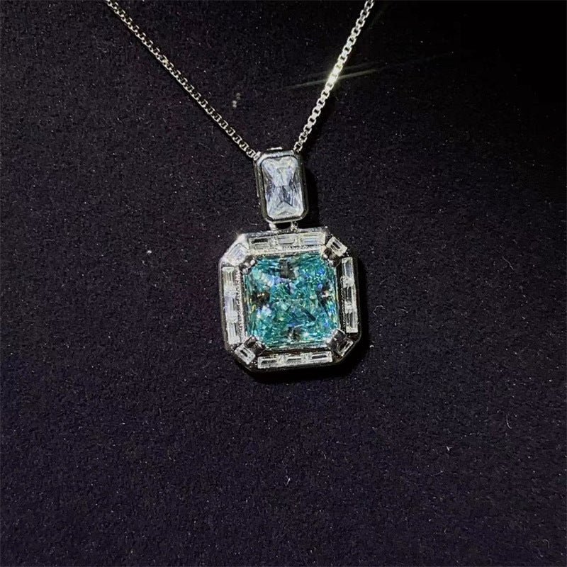 Blue Moissanite Square Pendant Necklace, Geometric Halo Gift Jewelry – view 1