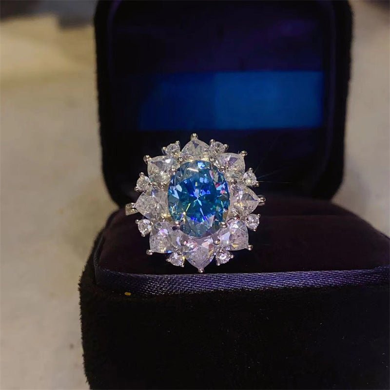 Blue Moissanite Halo Ring for Women, 3 Carat Oval Cut Engagement Style Ring, Sparkling Statement Ring – view 1