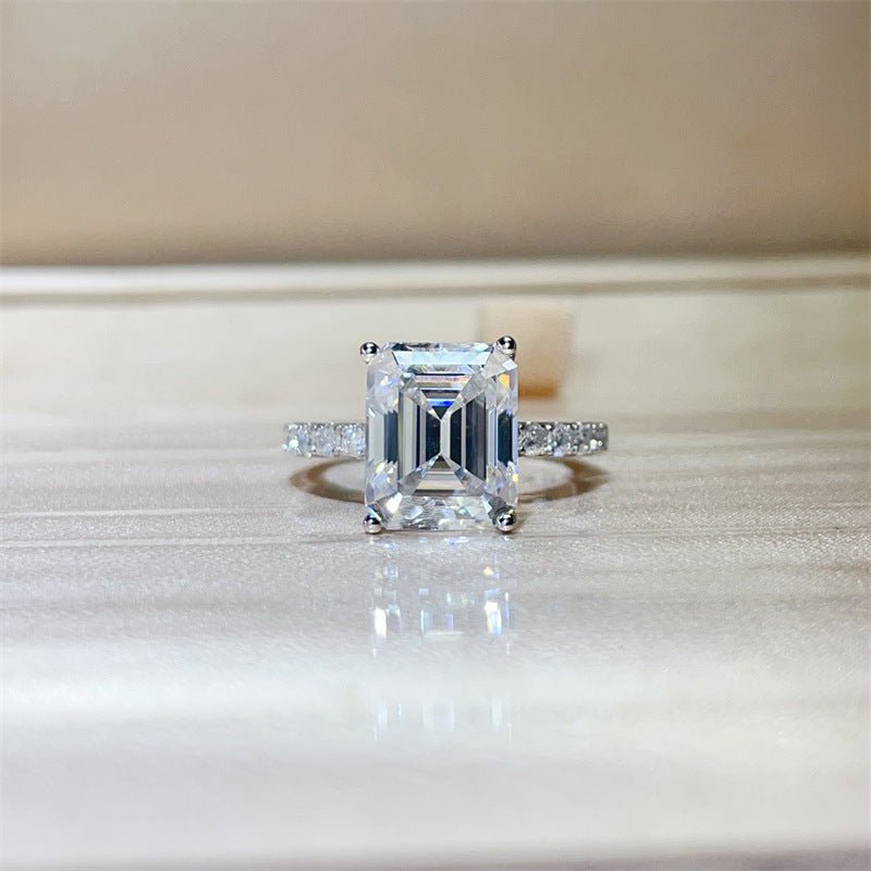 5 Carat Emerald Cut D Color Moissanite Ring for Women, Pavé Band Engagement Ring – view 1