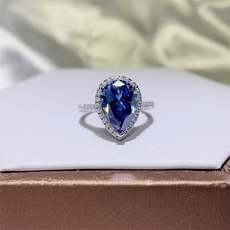 Blue Pear Cut Moissanite Halo Ring for Women, 1 Carat 2 Carat 5 Carat Engagement Ring – view 1