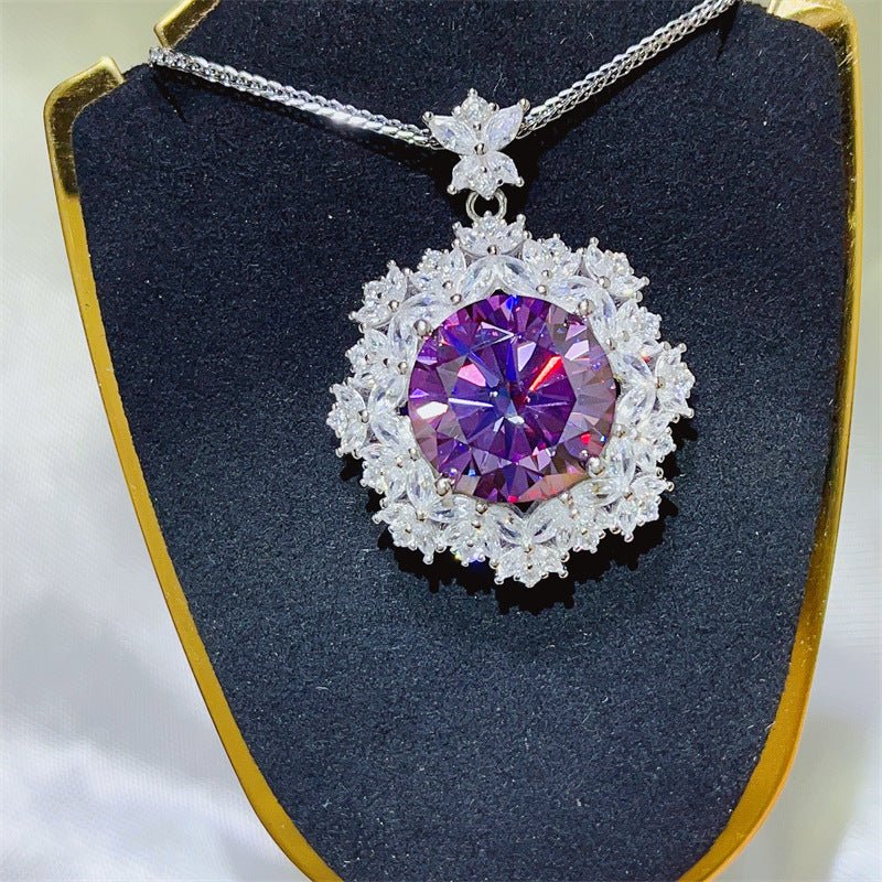 Moissanite Pendant Necklace with Purple Round Stone and Floral Halo Chain, 10 Carat Statement Necklace – view 1
