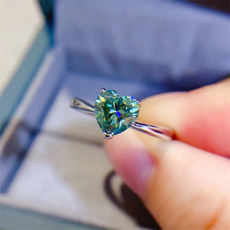 Green Heart Moissanite Ring for Women, Heart Cut Promise Ring, Minimal Engagement Ring, Geometric U Band – view 1