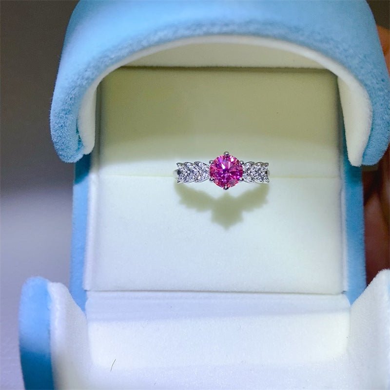 Pink Moissanite Ring for Women, Round Cut Promise Engagement Ring with Lucky Motif Side Detail – view 1