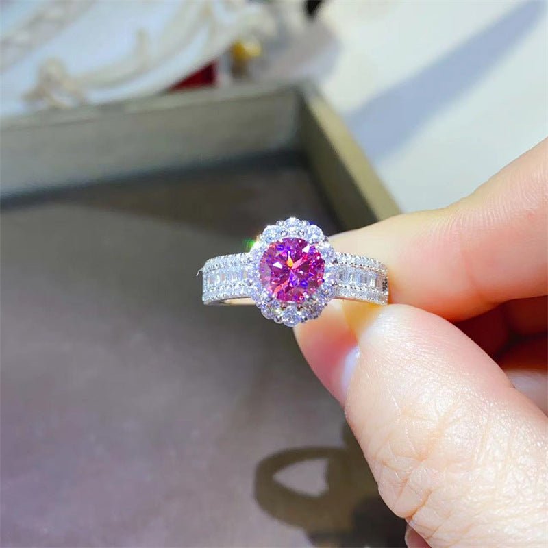 Pink Moissanite Halo Ring for Women, Geometric Pavé Band Statement Ring – view 1
